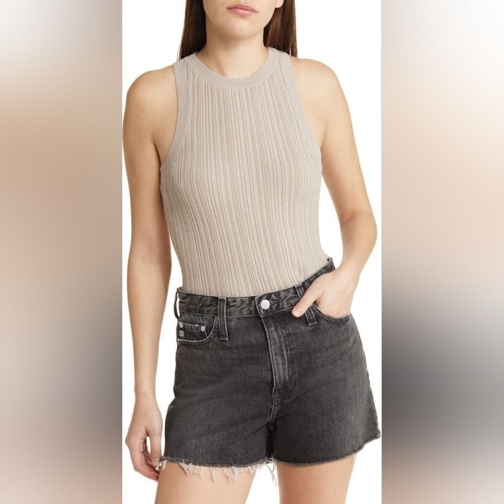 ZARA Nude Ribbed Knit Crewneck Chic Tank Top Size Small